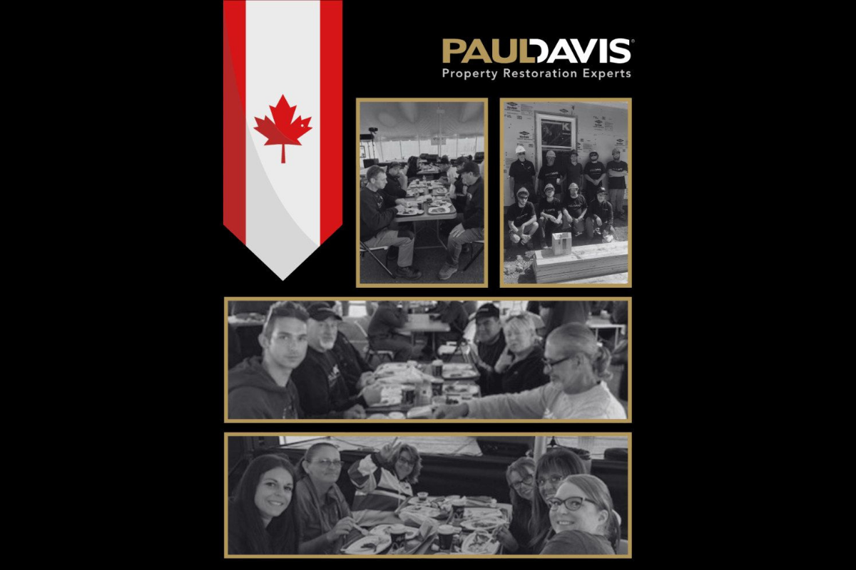 PaudDavis Canada promotional material. People dining at tables; Canadian flag.