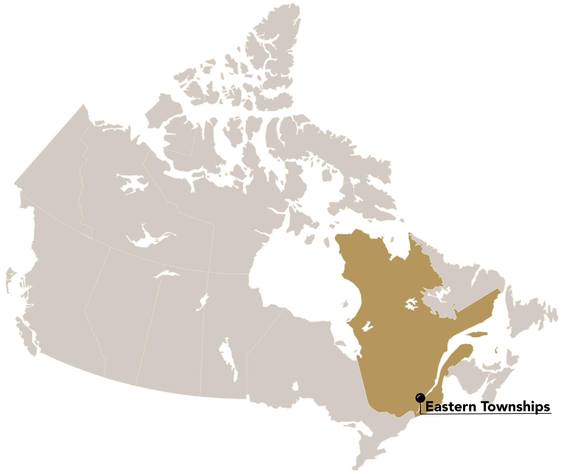 Map of Canada highlighting Quebec province, with a pin marking the Eastern Townships.