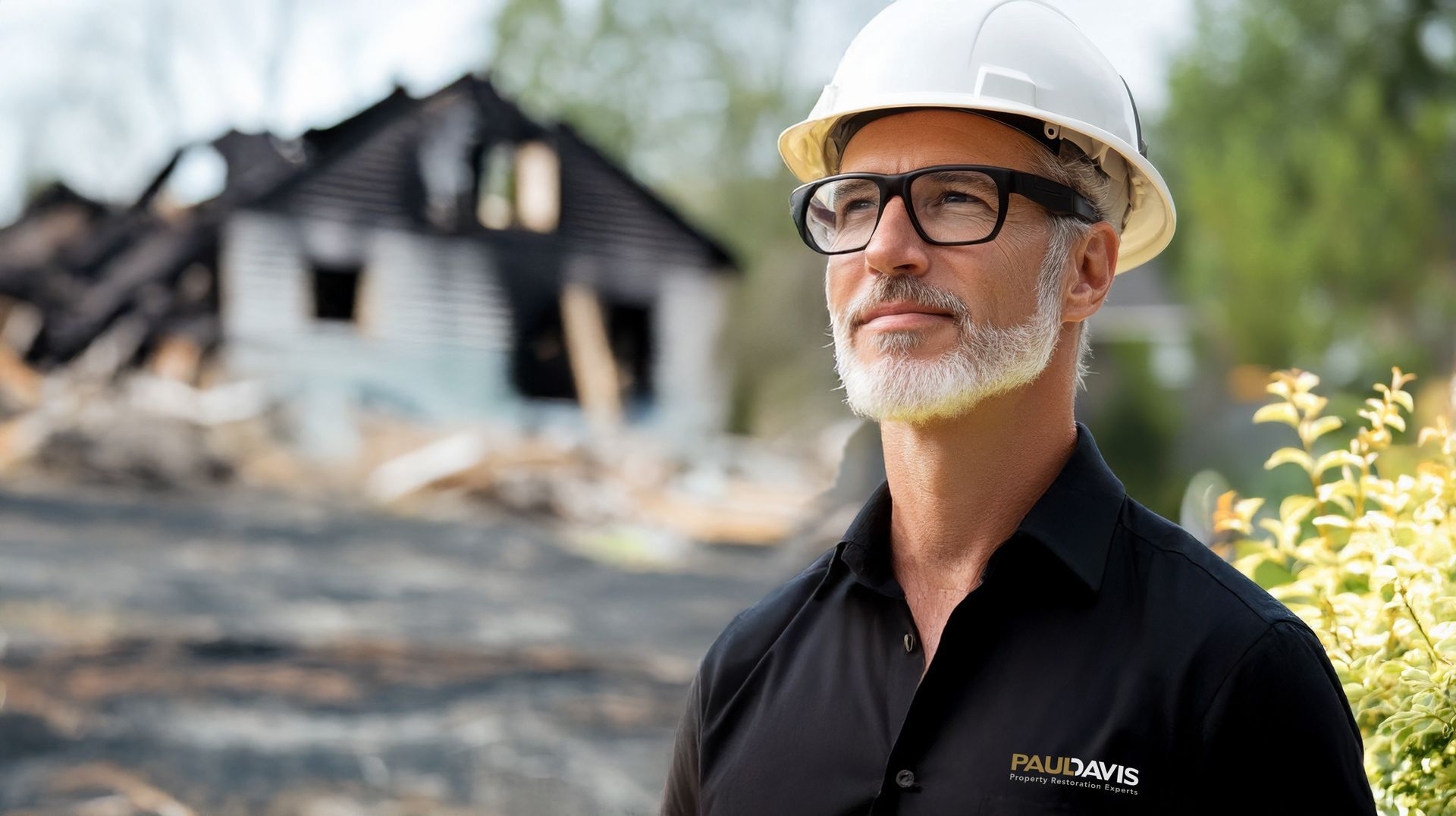 Expert Paul Davis avec casque devant une maison incendiée lors d'une évaluation après incendie
