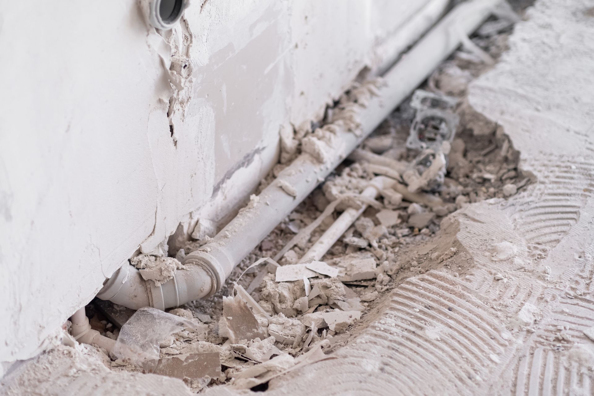Tuyau de plomberie exposé derrière un mur ouvert, entouré de débris et de poussière.