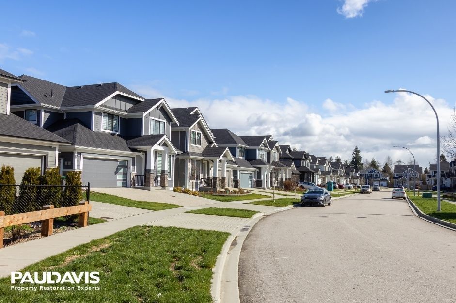 Suburban neighborhood street with rows of modern houses, green lawns, and a blue car under a clear sky