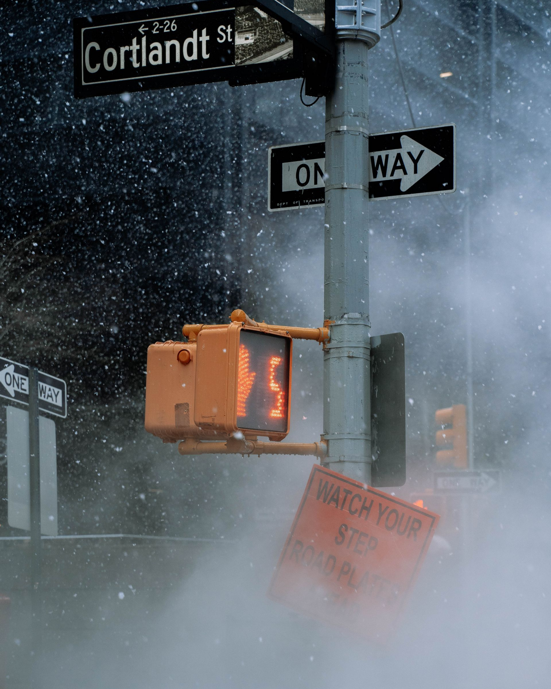 Snowstorm at city crosswalk with stop signal, street signs, and steam reducing visibility.