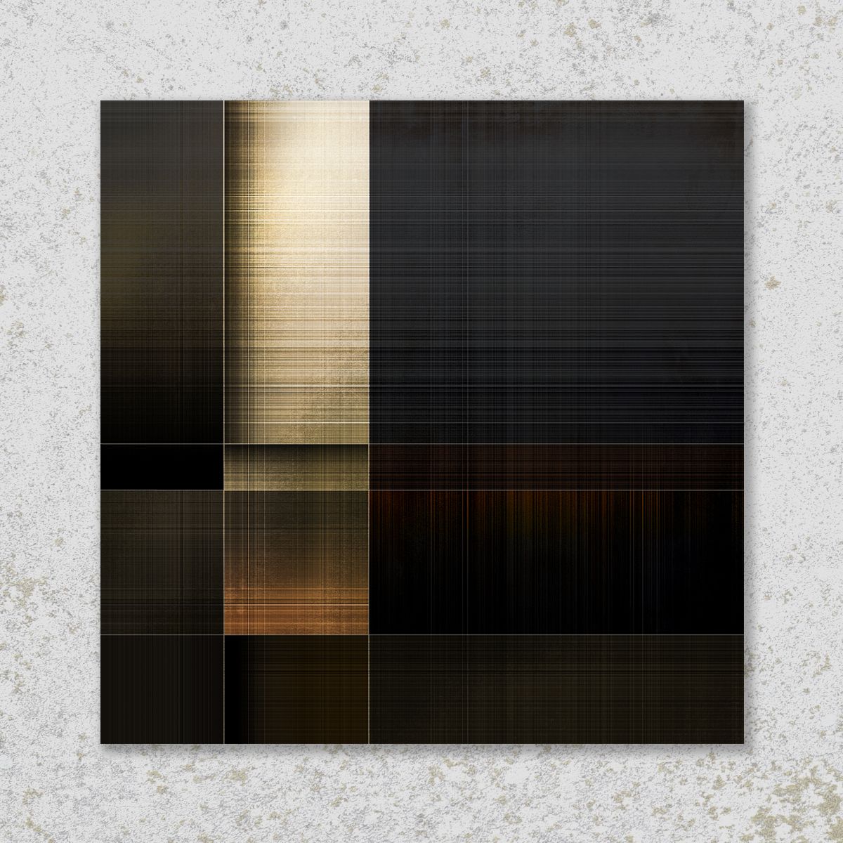 Abstracte compositie van rechthoeken en lijnen in tinten bruin, zwart en beige.