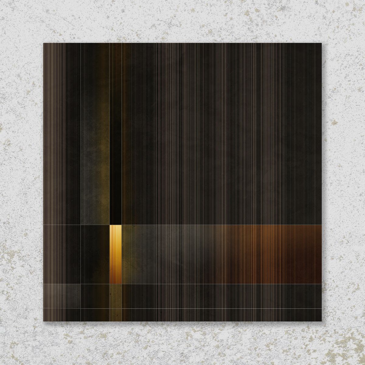 Abstracte kunst: donkere verticale lijnen met een goudgele verticale balk. Horizontale beige lijnen aan de onderkant.