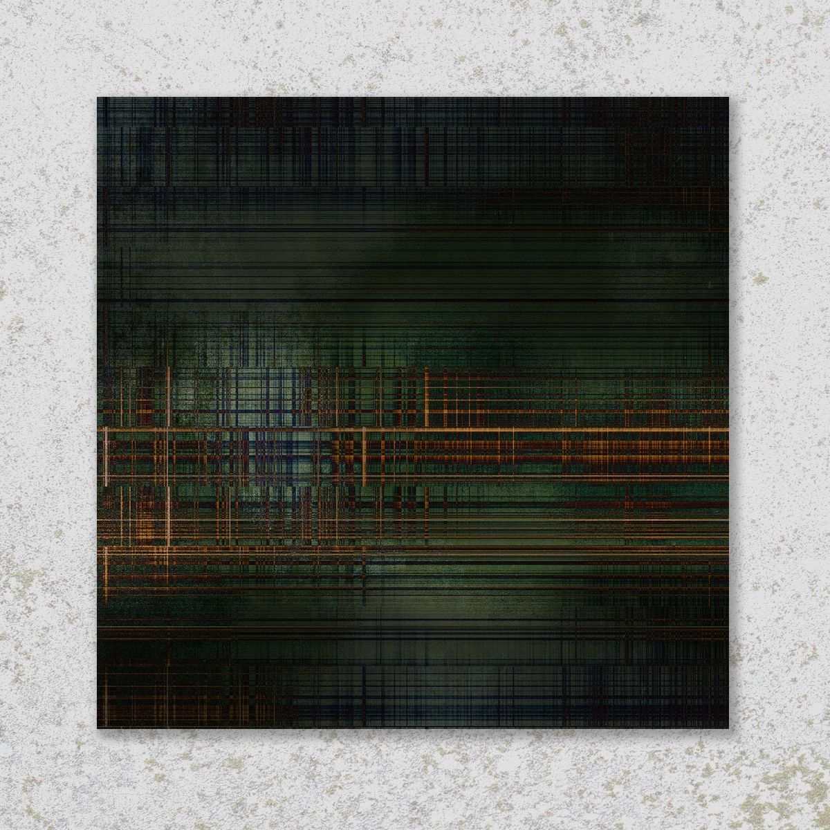 Donkergroene en bruine abstracte digitale kunst met horizontale en verticale lijnen over een gestructureerde achtergrond.