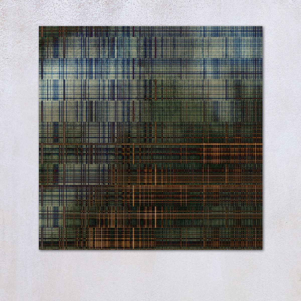 Abstract kunstwerk: Vierkant rasterpatroon met elkaar kruisende lijnen in blauwe, groene en bruine tinten.