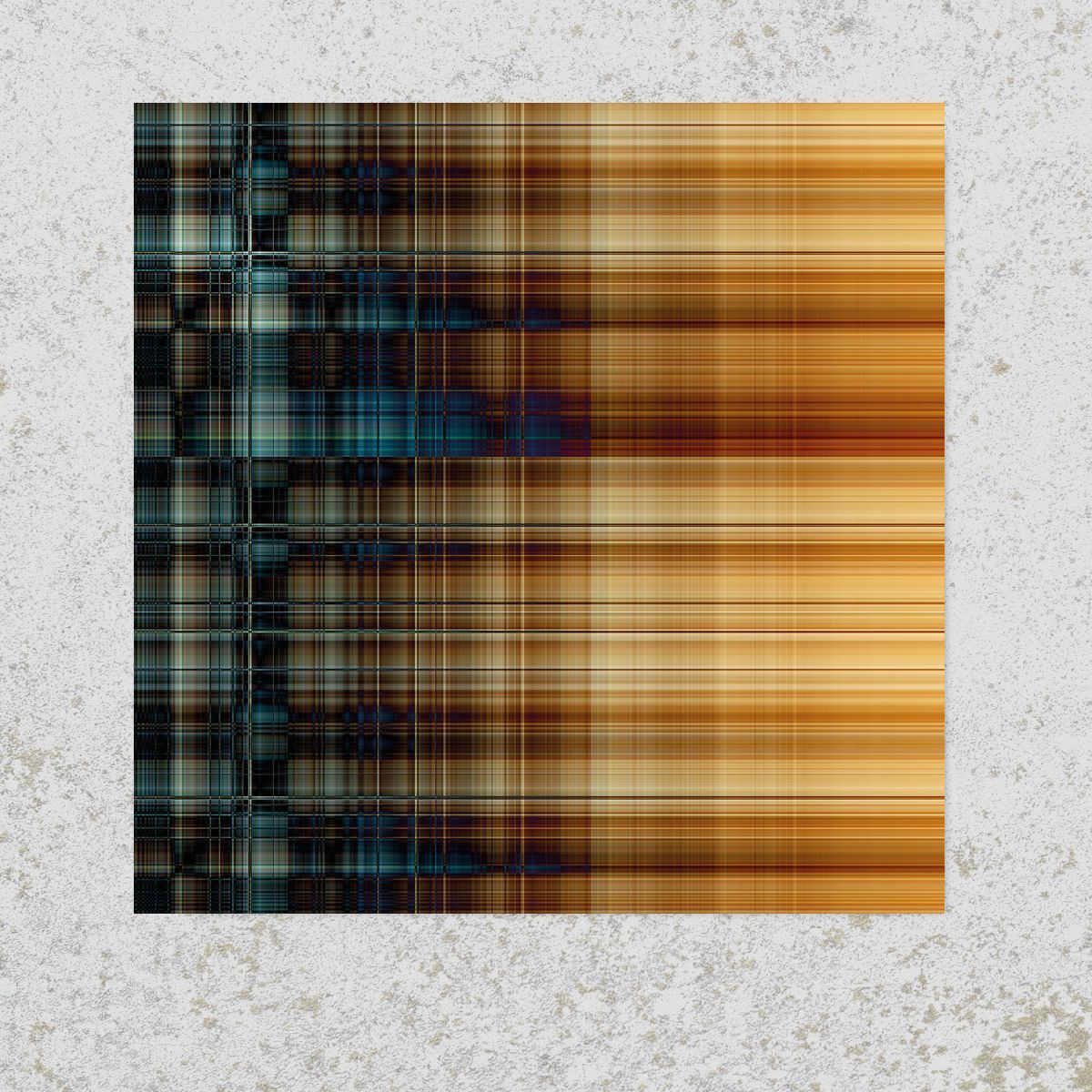 Vierkant abstract patroon met een bruin en blauw raster dat overgaat in horizontale geelbruine strepen.