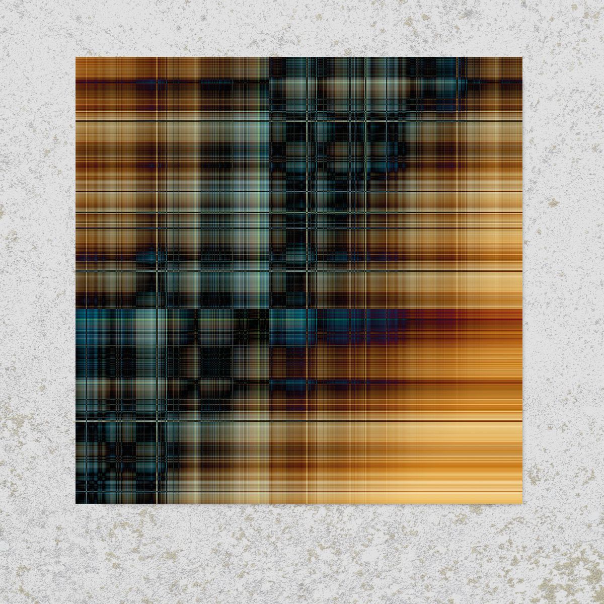 Abstract patroon met een raster van bruine, turquoise en gouden tinten.