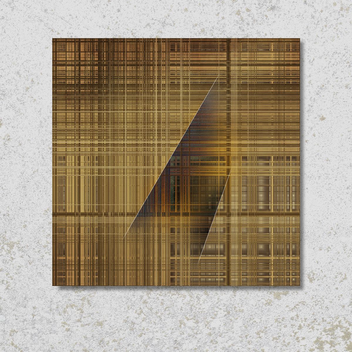 Abstracte vierkant met houtnerfstructuur en een donkere driehoekige vorm die het midden doorsnijdt.