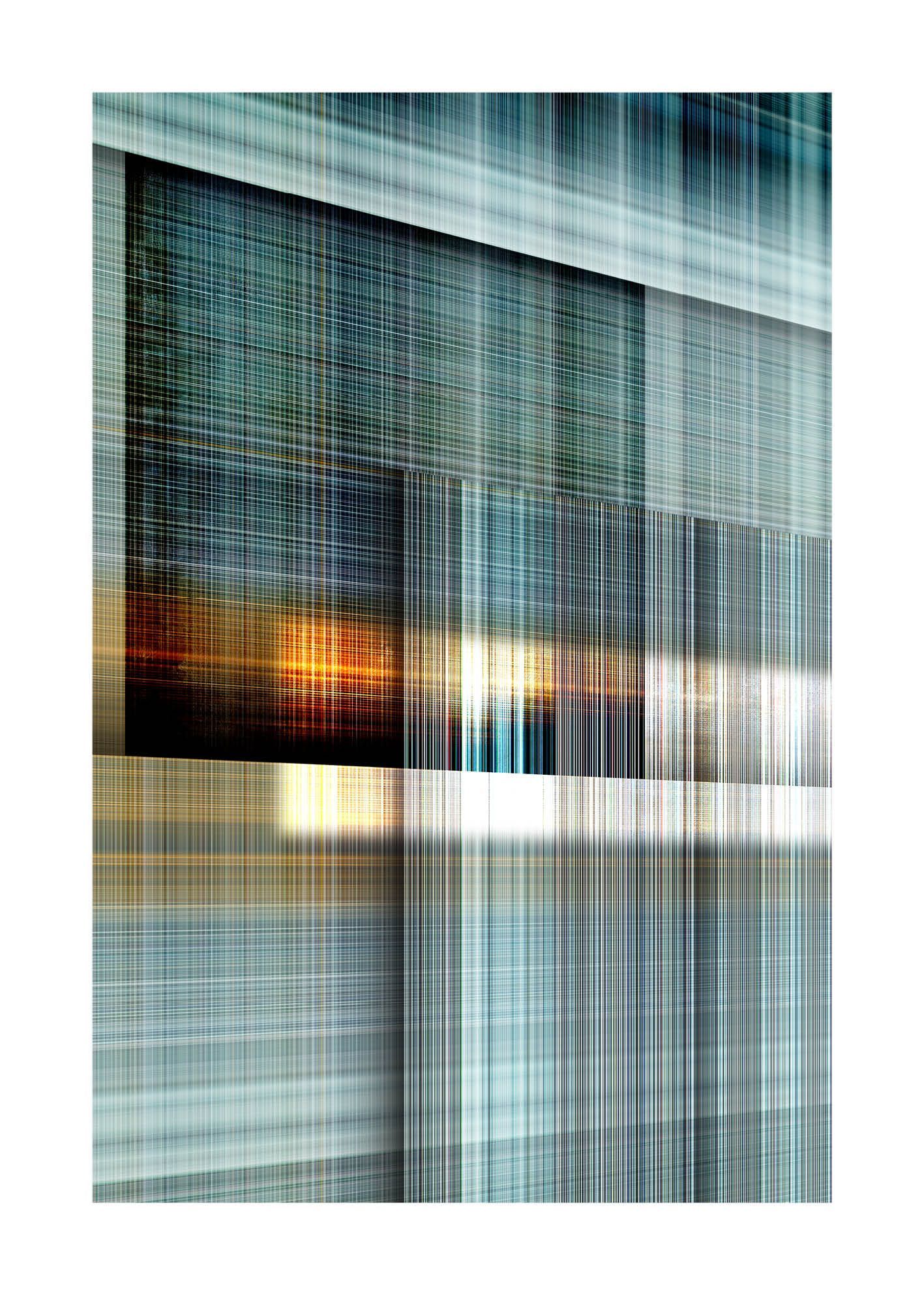 Abstracte compositie van overlappende verticale en horizontale lijnen in blauwe, grijze en gele tinten.