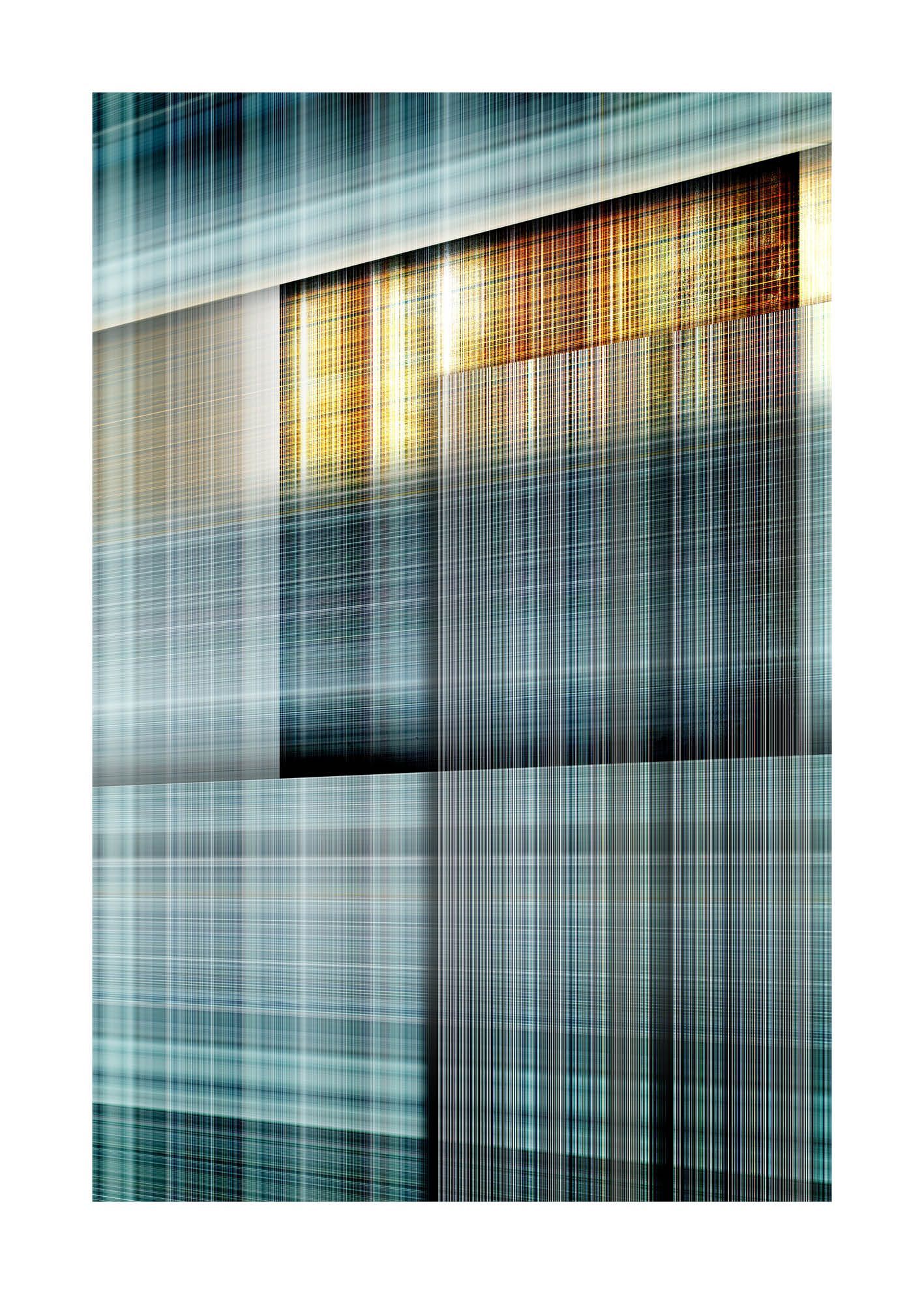 Abstracte geometrische kunst met turquoise, gouden en grijze verticale en horizontale lijnen die een blokvormige compositie vormen.