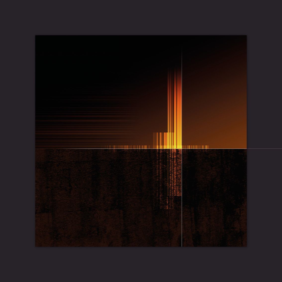 Abstracte kunst: Oranje en gouden verticale lijnen tegen een donkere achtergrond.