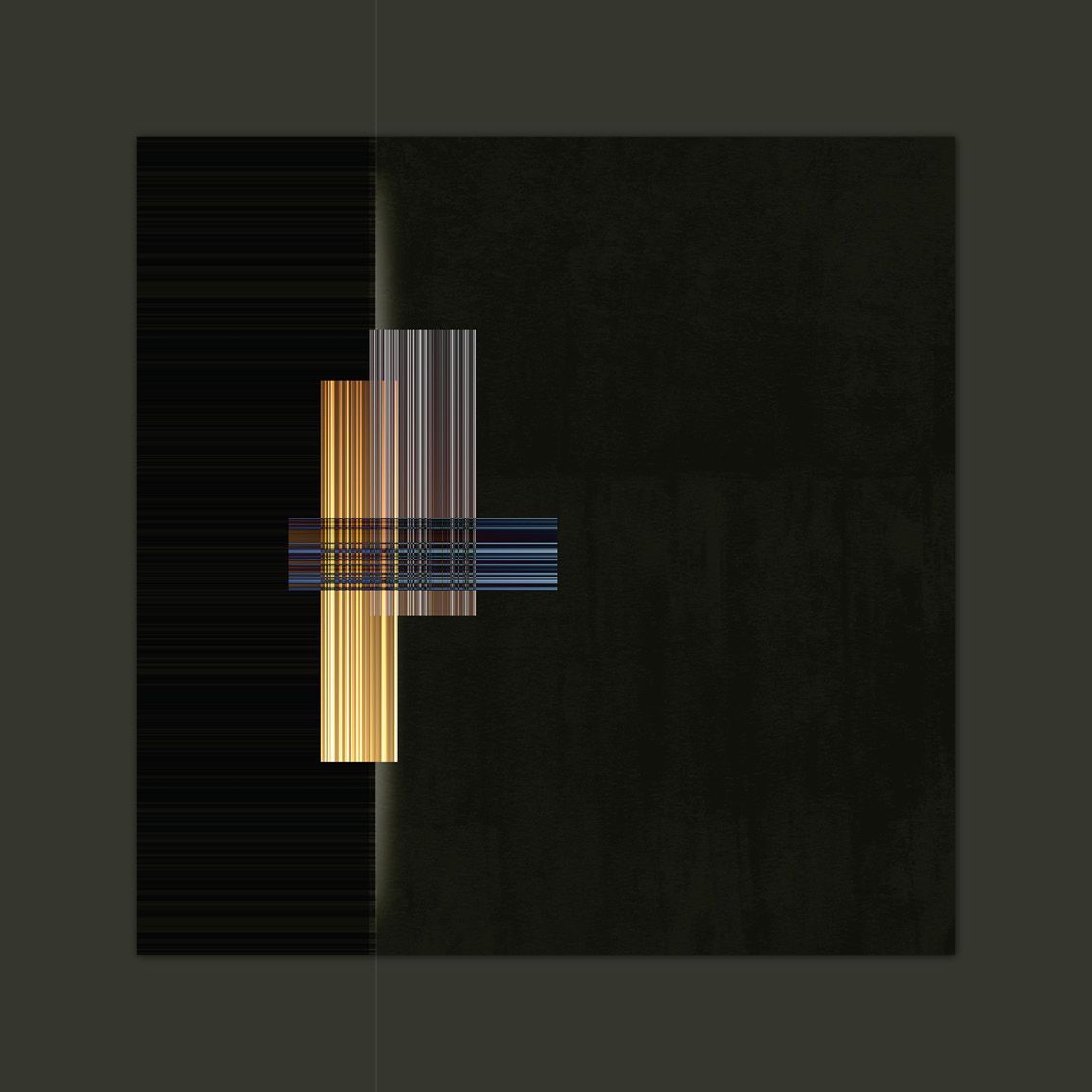 Abstracte compositie met verticale gouden en horizontale blauwe rechthoeken die zwarte en donkergrijze vierkanten doorsnijden.
