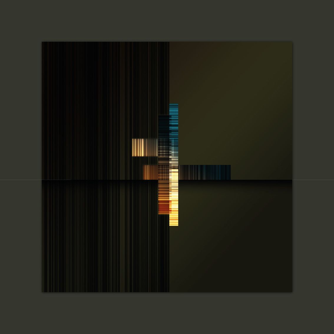 Abstracte kunst: verticale donkere lijnen aan de linkerkant, horizontale en verticale gekleurde lijnen die een kruisvorm vormen, op een gedempte groene achtergrond.