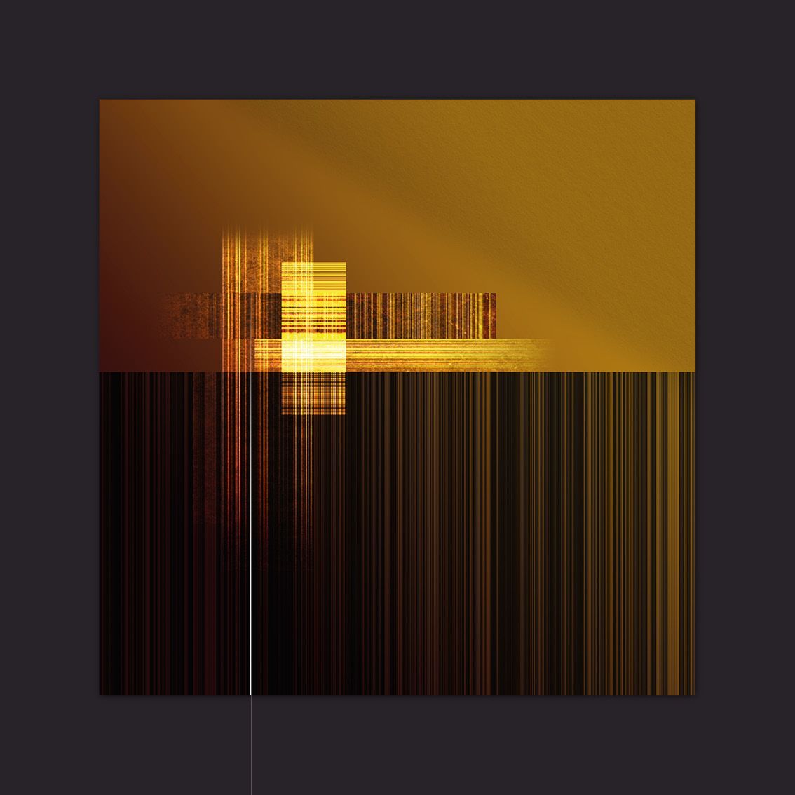 Abstracte kunst in goud- en bruintinten met verticale lijnen onder een horizontale scheiding.