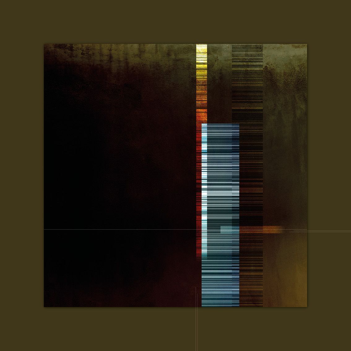 Abstracte kunst met een donker vierkant over een groter olijf-bruin vierkant. Verticale en horizontale lijnen en gekleurde blokken.
