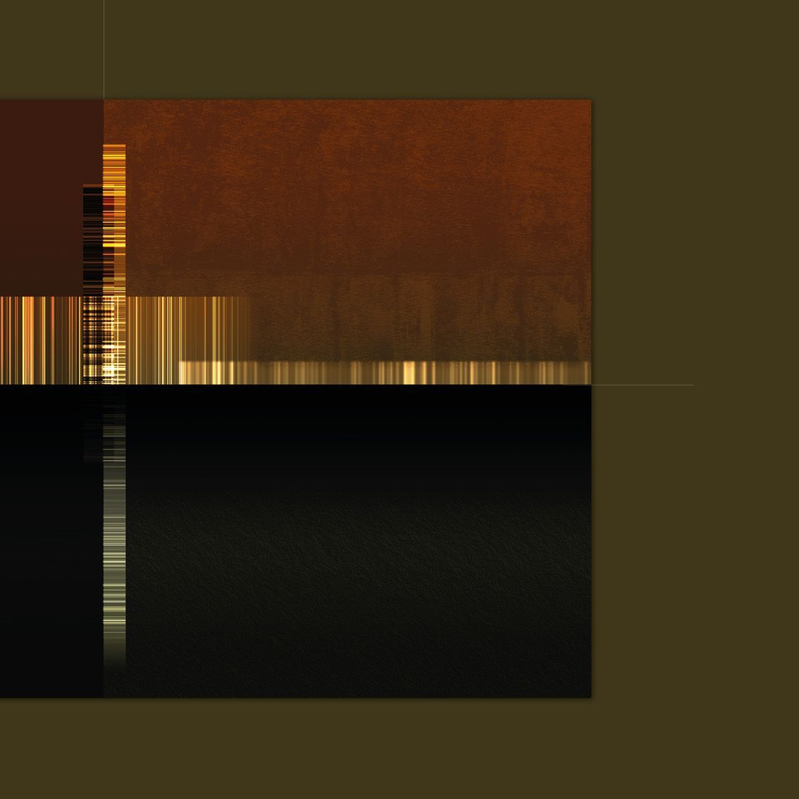 Abstracte compositie van donkerbruine, oranje en zwarte rechthoeken met verticale lijnen op een bruine achtergrond.