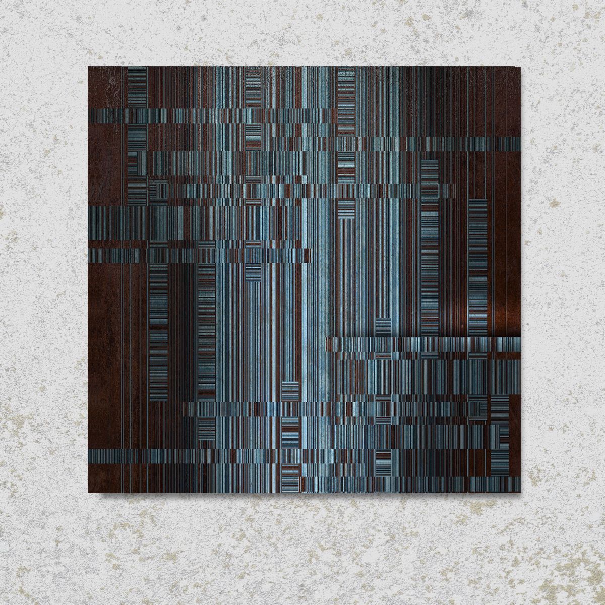 Abstract kunstwerk bestaande uit verticale blauwe en bruine pixelachtige lijnen tegen een gestructureerde witte achtergrond.