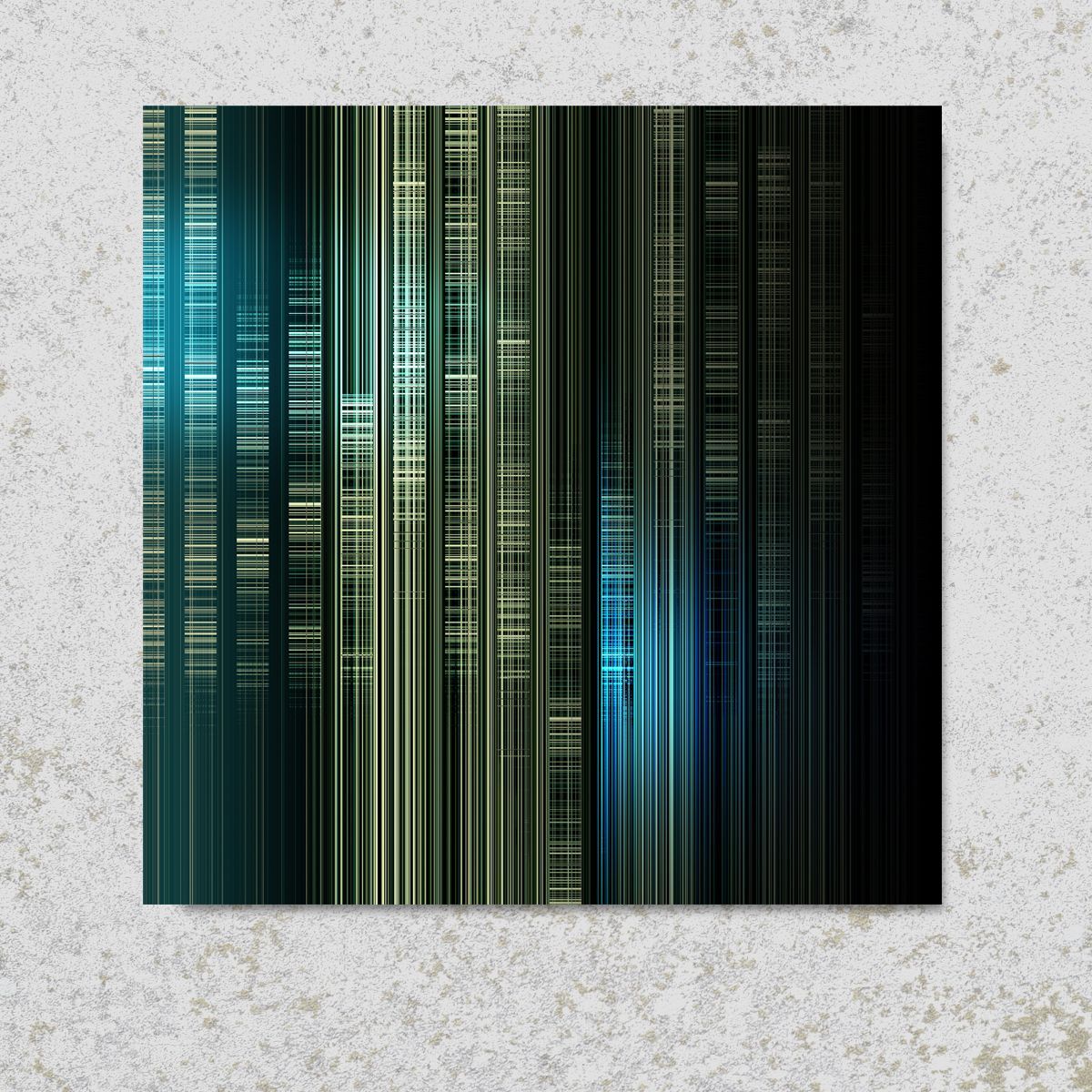 Abstracte kunst met verticale lijnen in turquoise, groen en wit tegen een zwarte achtergrond.
