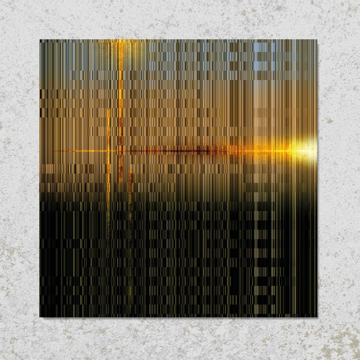Abstract kunstwerk met verticale lijnen in goud-, bruin- en zwarttinten, met een heldere lichtflits.