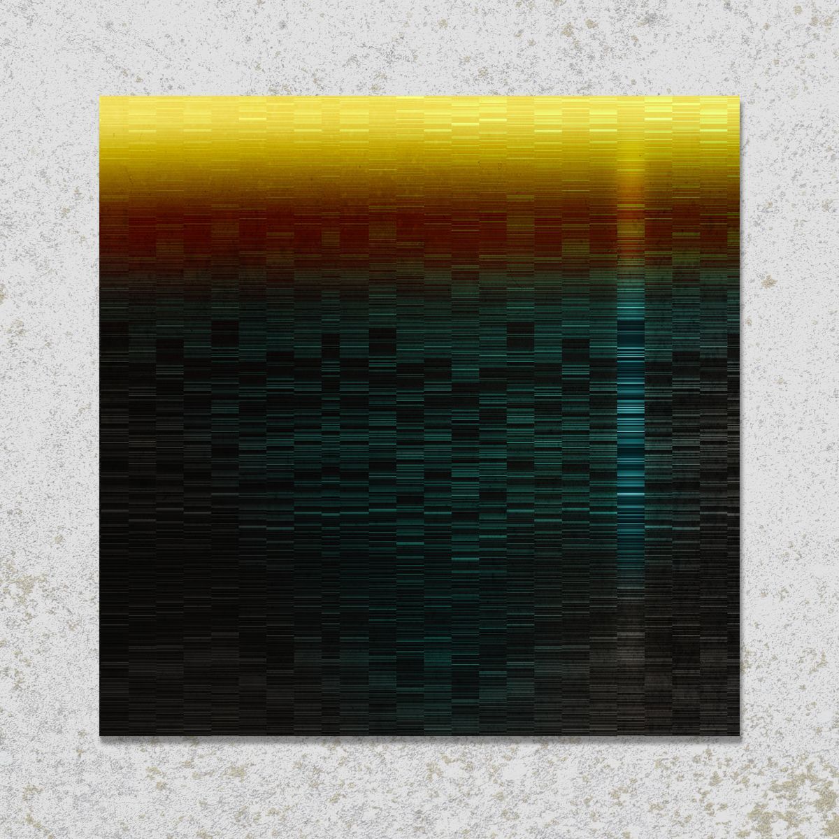 Abstracte kunst met horizontale banen in geel, roodbruin en donkerblauwgroen, met een heldere verticale streep.