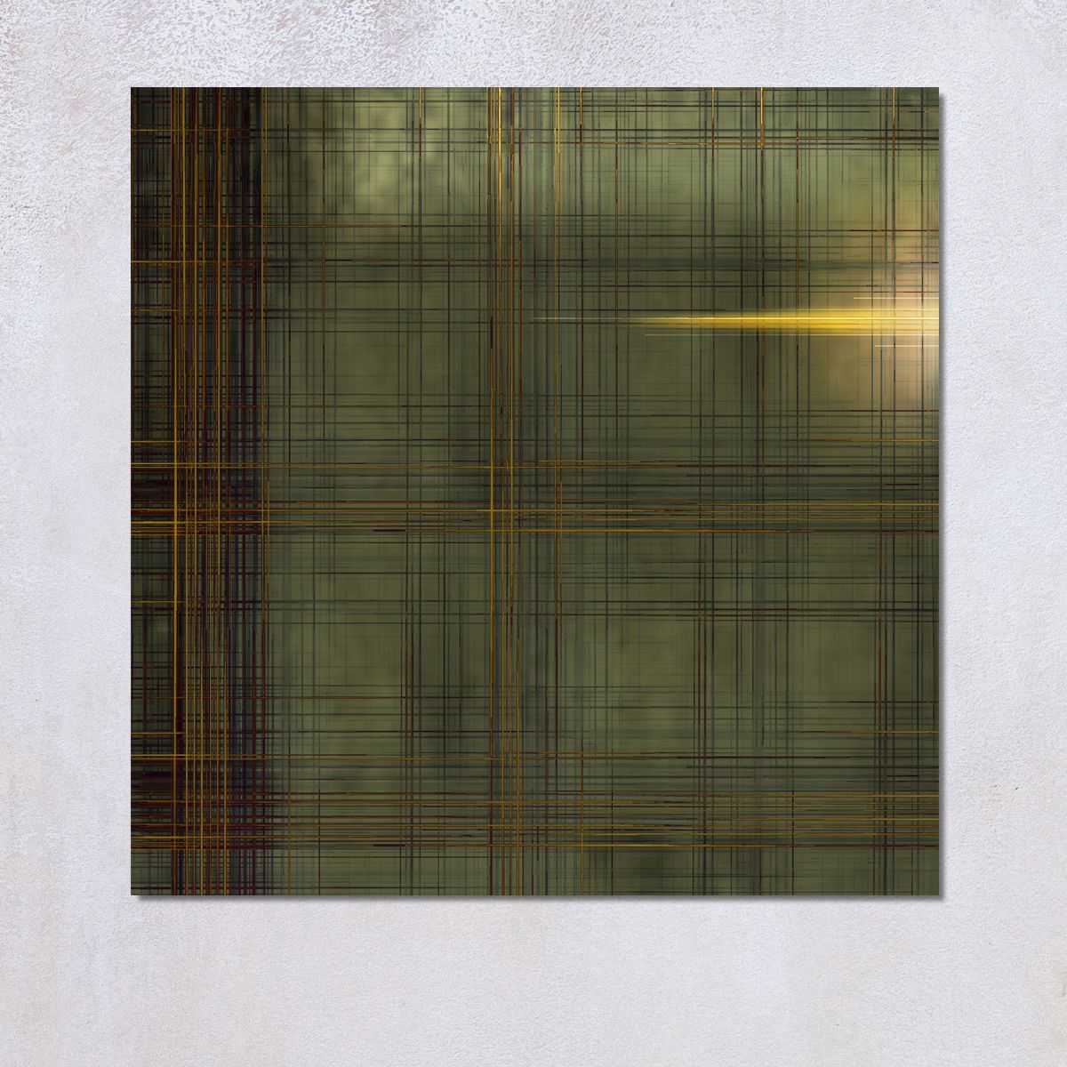 Een abstract geometrisch patroon in groen en bruin met een horizontale gele streep.
