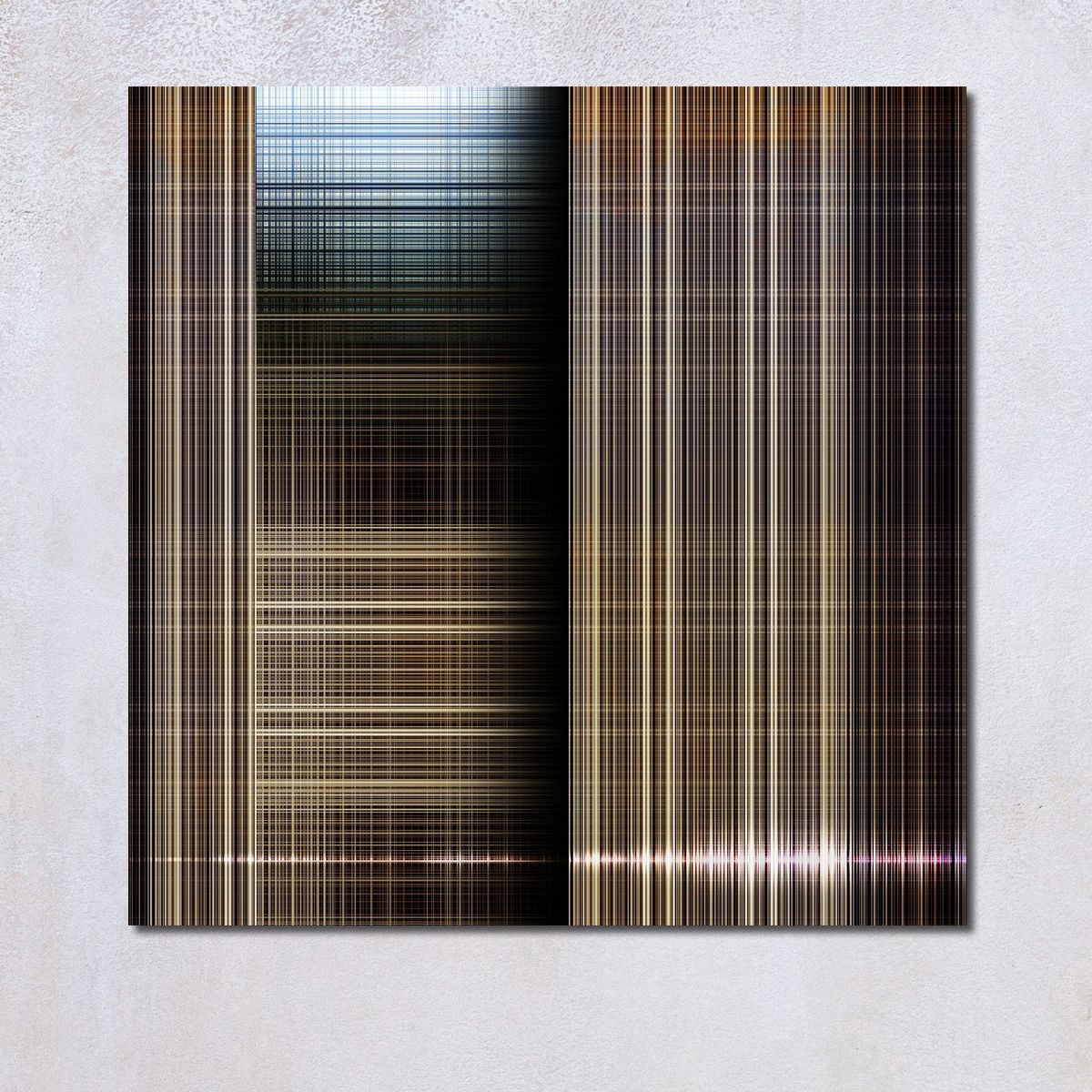 Abstract kunstwerk met verticale en horizontale bruine en gouden lijnen die een rasterpatroon vormen.