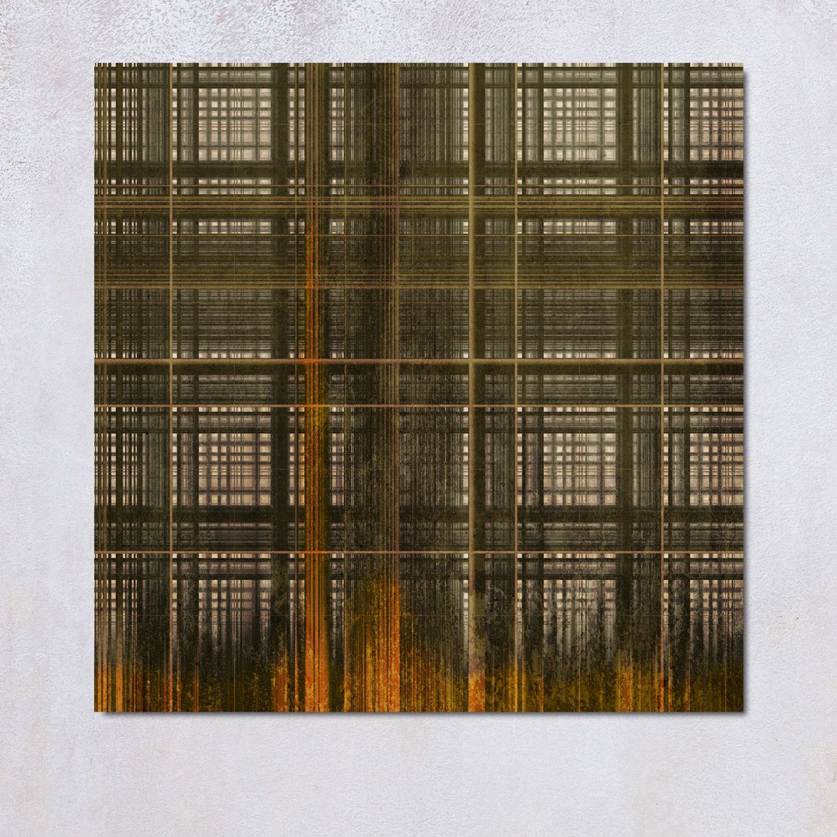 Rastervormig, gestructureerd kunstwerk in bruintinten, met een verticale oranje streep aan de onderkant.
