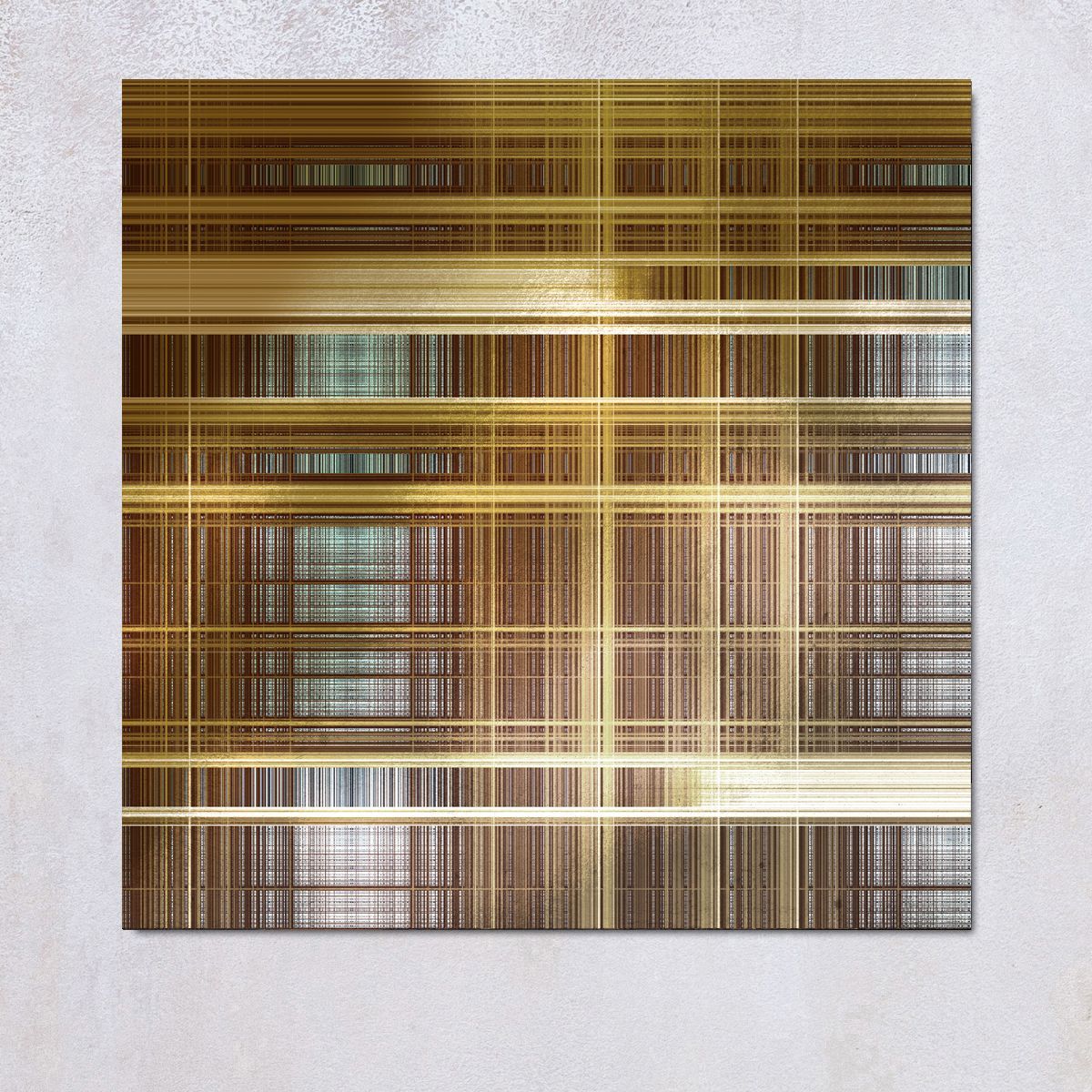 Abstract vierkant kunstwerk met een raster van bruine en gouden lijnen.