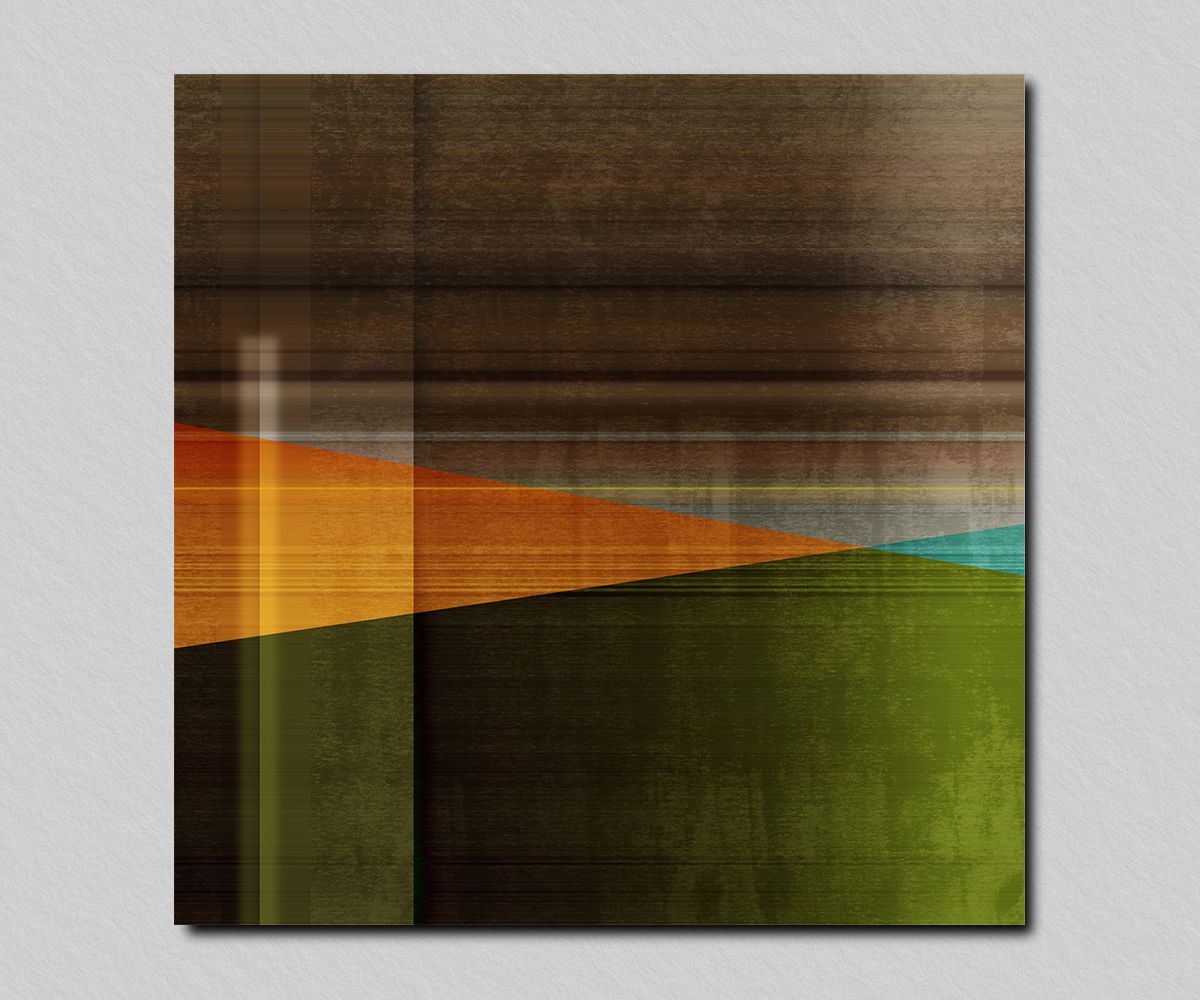 Abstracte kunst met bruine, oranje en groene geometrische vormen op een gestructureerde achtergrond.