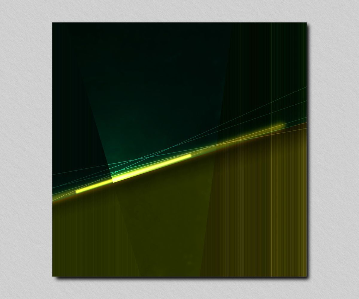 Abstracte kunst met diagonaal geel licht op een donkergroene en bruine achtergrond.