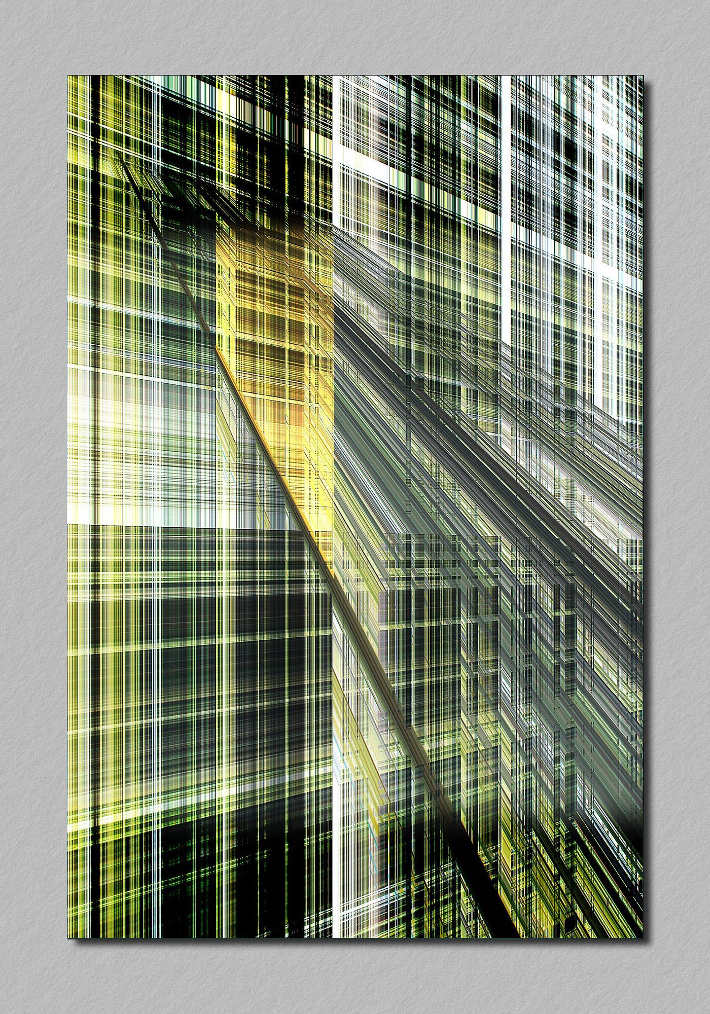 Abstracte geometrische kunst met gele en grijze lijnen die elkaar onder verschillende hoeken kruisen.