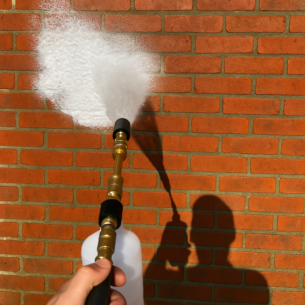 Soft washing of a brick wall with the X-jet M4 attachment for the pressure washer.