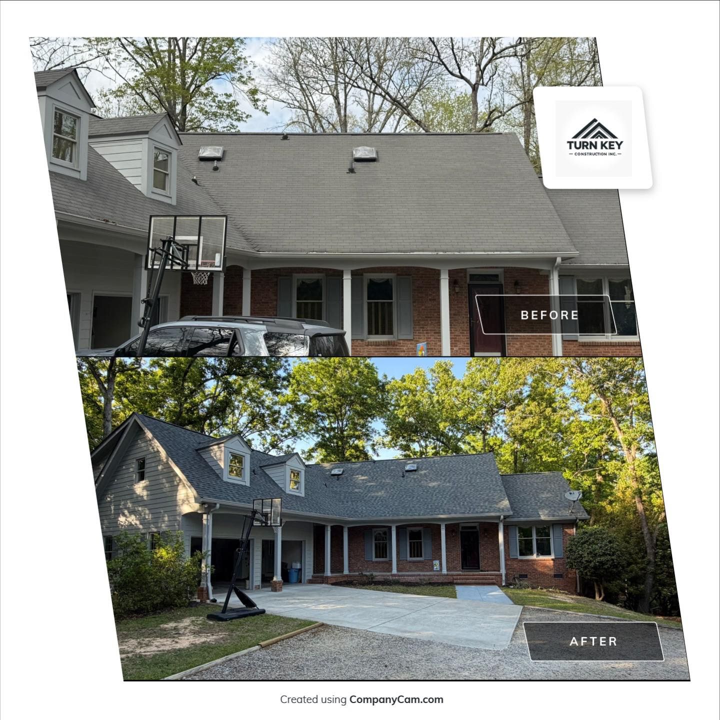 Before-and-after exterior of a brick house with gray roof and front porch.