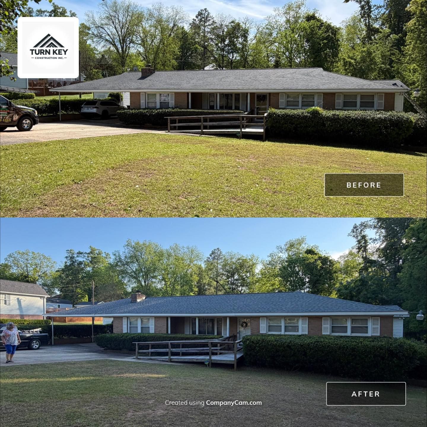 Before-and-after photo of a single-story brick house with a white porch and gray roof.