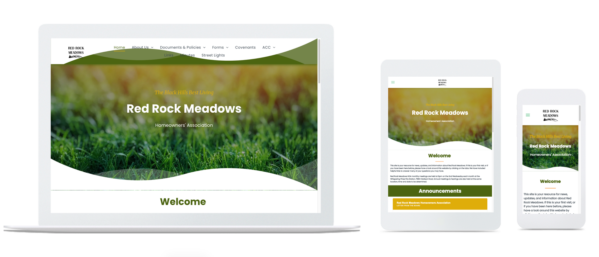 Responsive website mockup on laptop, tablet, and phone with green nature-themed homepage
