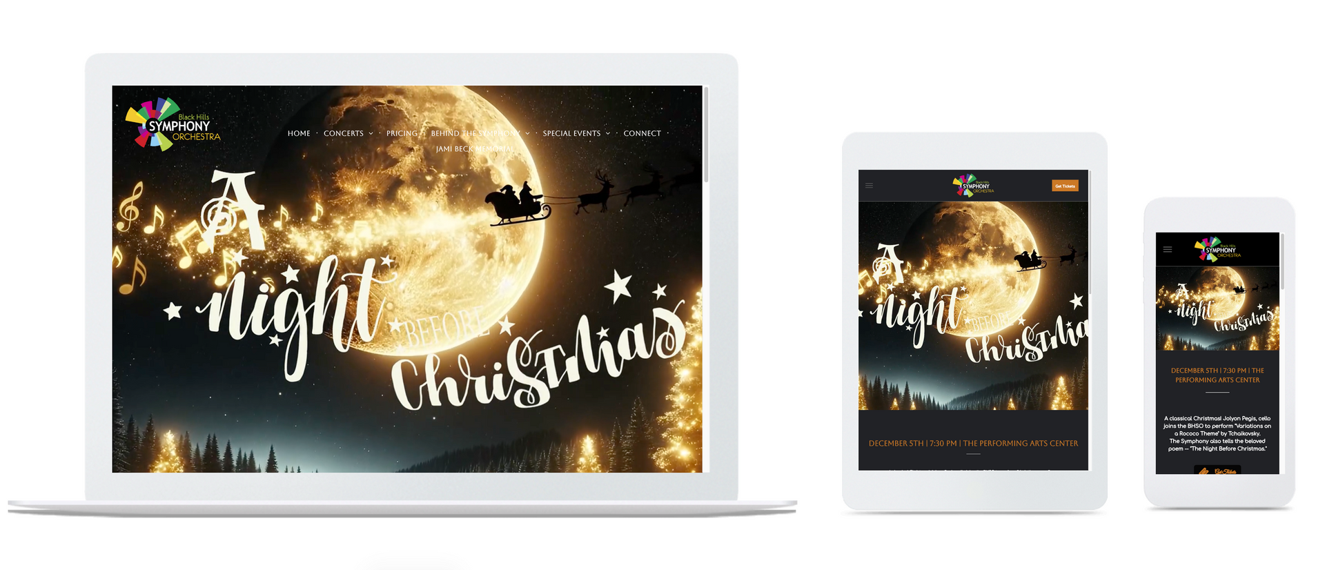 Laptops and tablets displaying a glowing moonlit “A night with Christ” holiday graphic