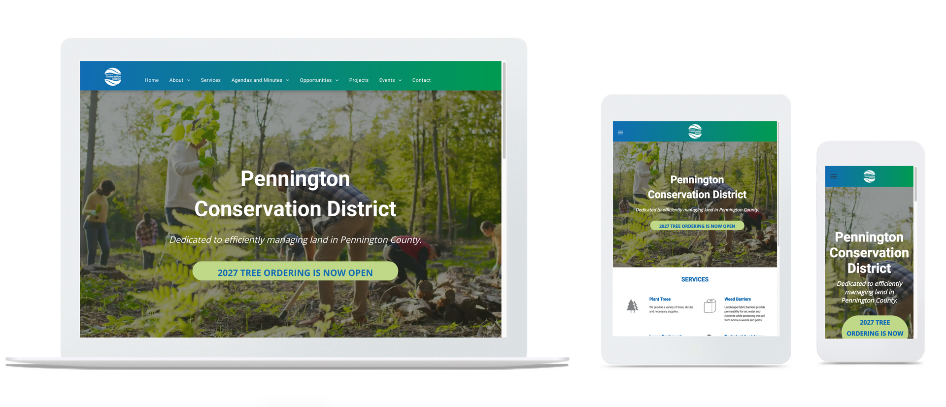 Website mockup shown on laptop, tablet, and phone with a forest-themed hero banner and logo
