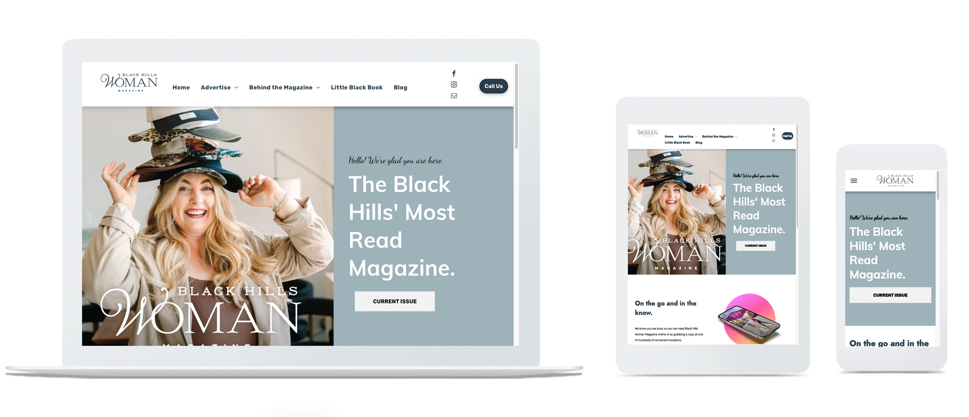 Website mockup on laptop, tablet, and phone showing a fashion magazine homepage with a model and teal accents