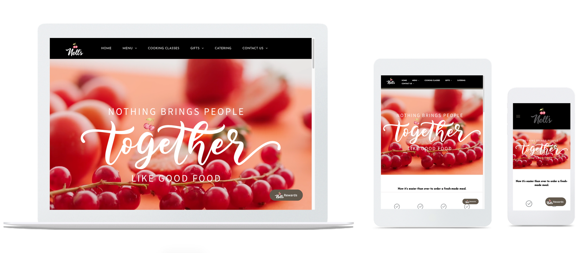 Responsive holiday website mockup on laptop, tablet, and phone with red festive dessert imagery
