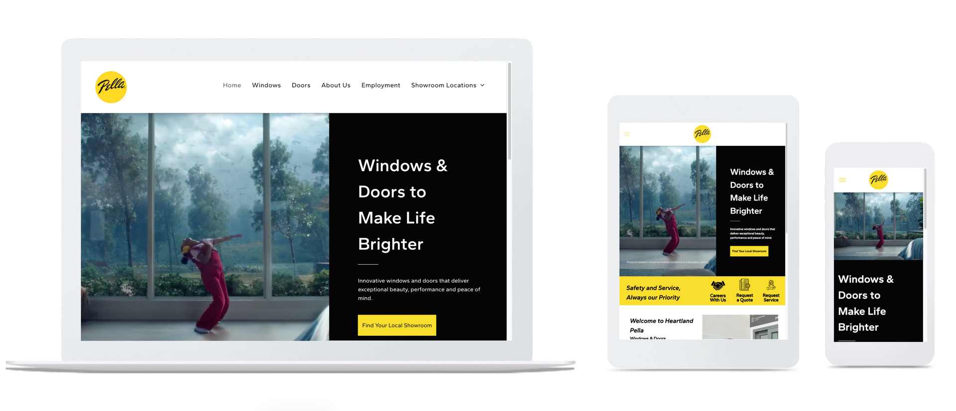 Responsive website mockup on laptop, tablet, and phone with a dark sidebar and yellow logo header