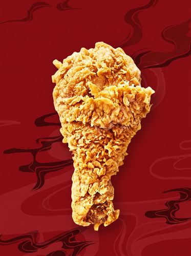 Fried chicken drumstick on a red background with subtle wavy patterns