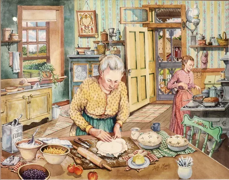 Woman kneading dough in a cozy kitchen, with a child nearby and ingredients spread across the table.