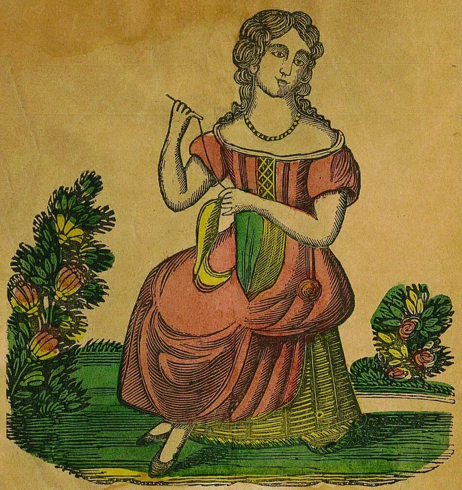 Seated woman in a red dress holding yarn and a spinning wheel, with plants at both sides
