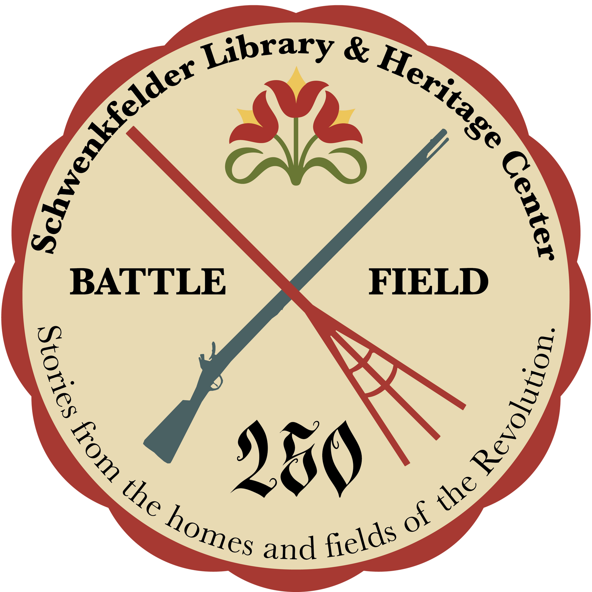 Schenkelfelder Library & Heritage Center logo with crossed blue and red lines, text, and a stylized flower
