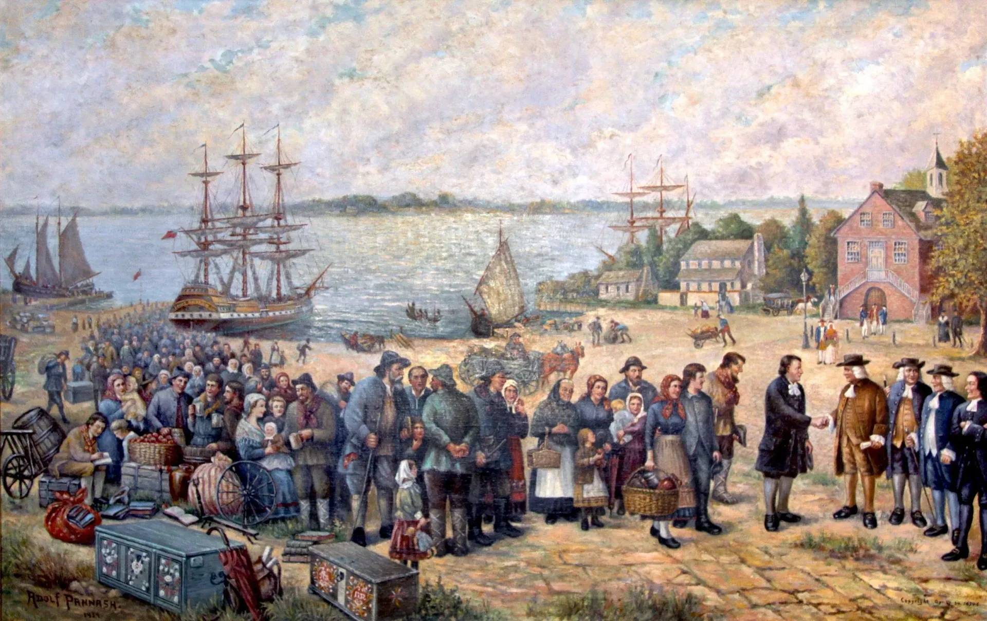 Crowded harbor scene with ships, people, and cargo on a shoreline near buildings