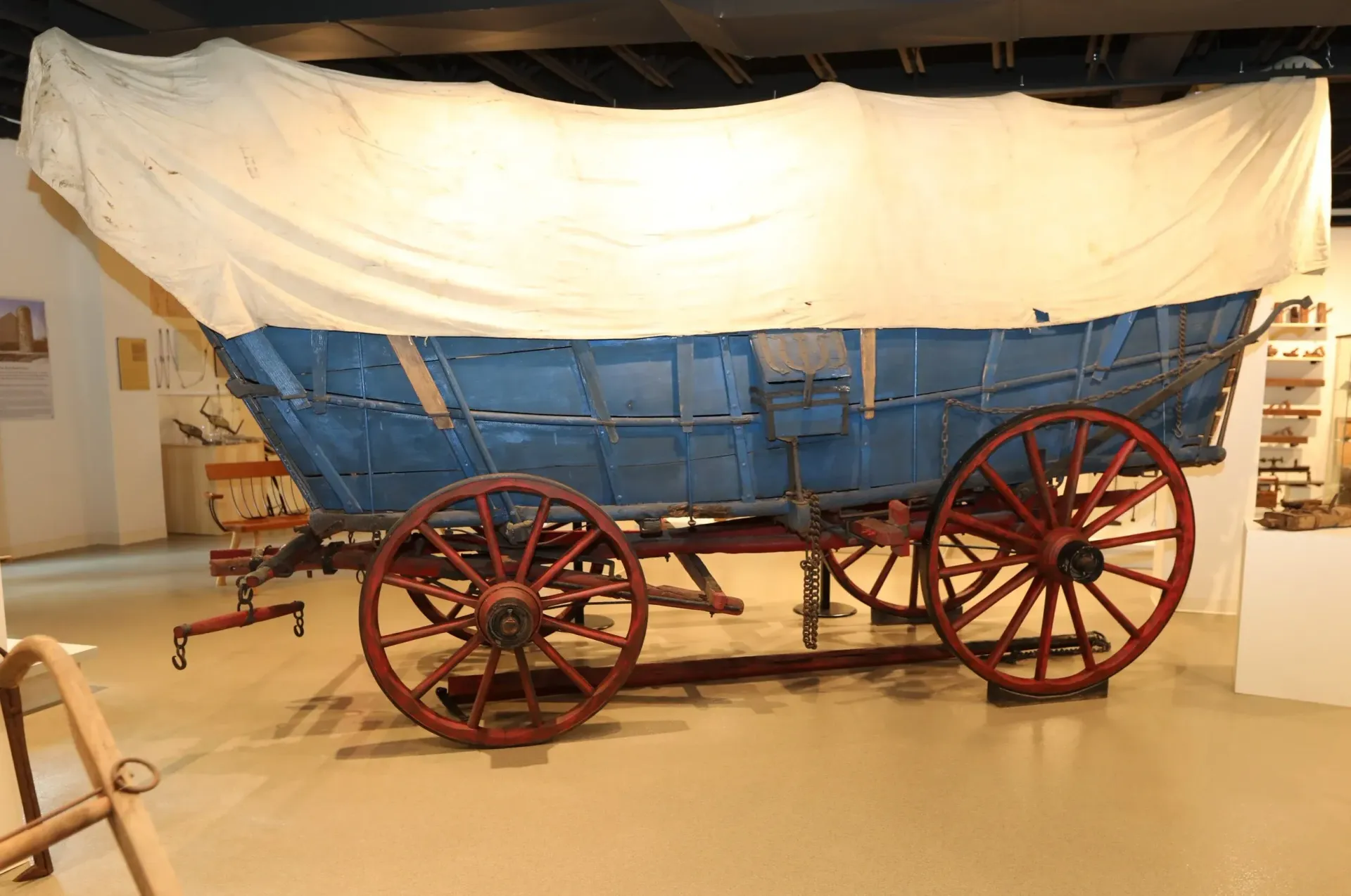 Blue-and-red wooden wagon with large wheels displayed indoors under a white cover