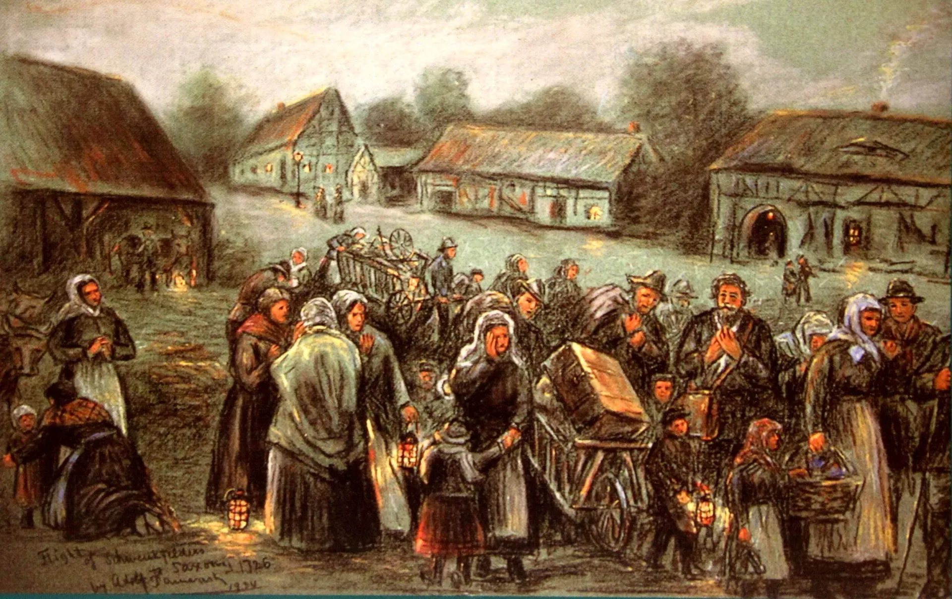 Crowd gathered in a rural village square, with people standing by cottages and a central wooden cart.