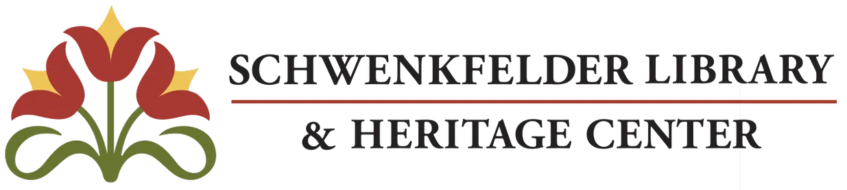 Schwenkfelder Library & Heritage Center logo with stylized flower in red, orange, and green.