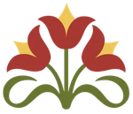 Stylized red and gold floral emblem with green curving leaves